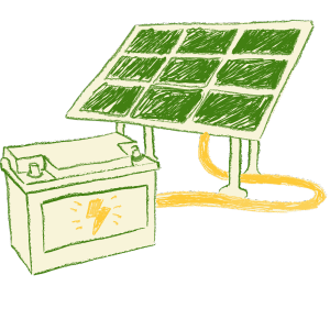 Baterías solares, dibujo de una batería solar conectada a unos paneles solares.