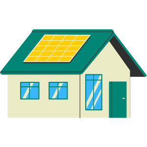Calefacción solar, vista de un dibujo de una vivienda aislada con paneles solares en el tejado.