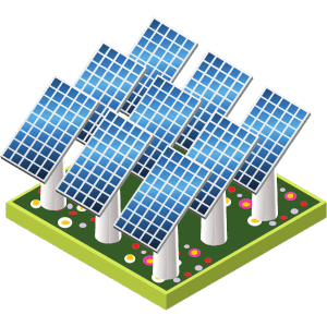 Placas solares, vista de un dibujo de un grupo de placas solares soportadas por mástiles.